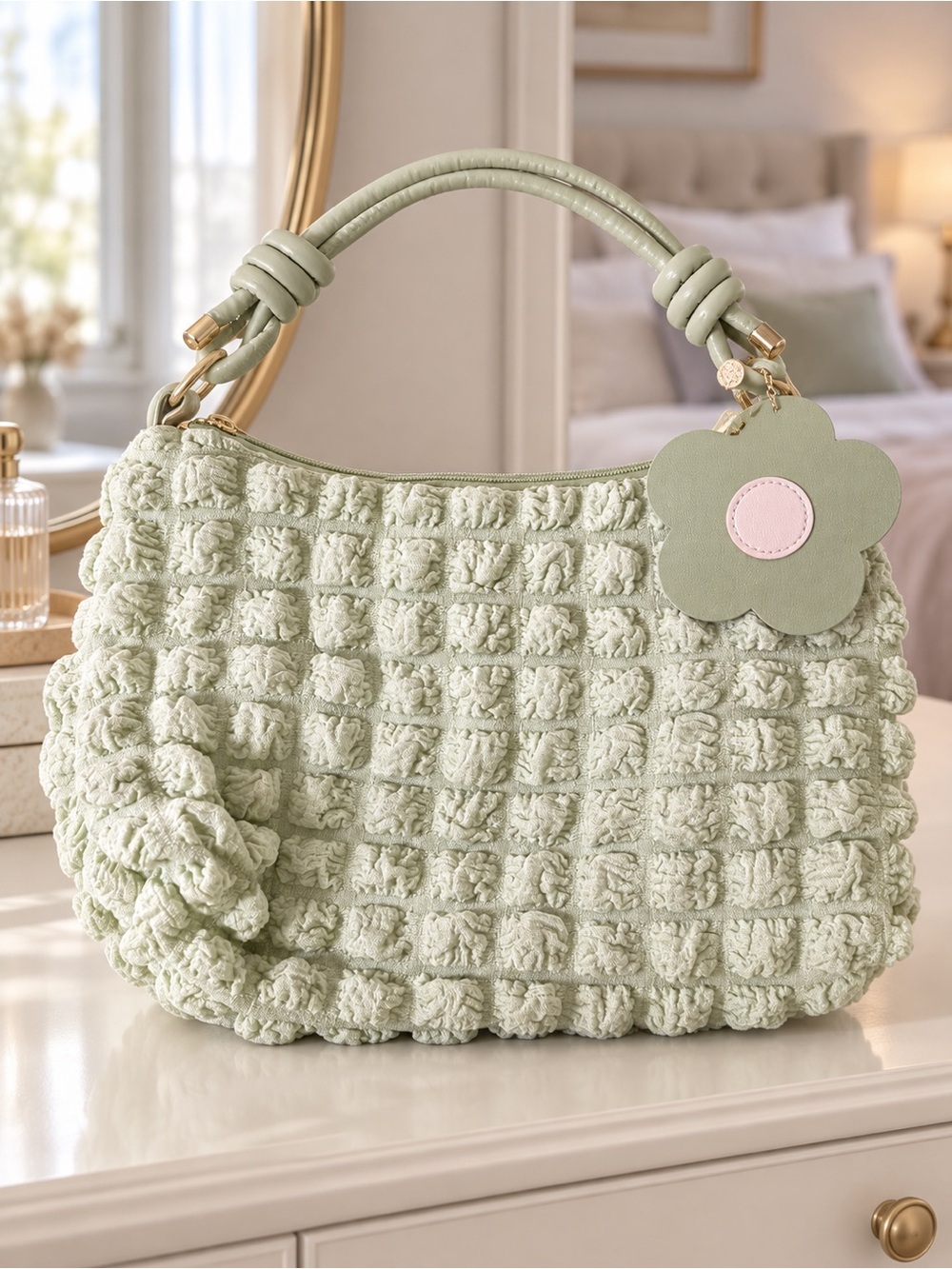 Stylish Textured Knit Top-Handle Bag in Sage Green